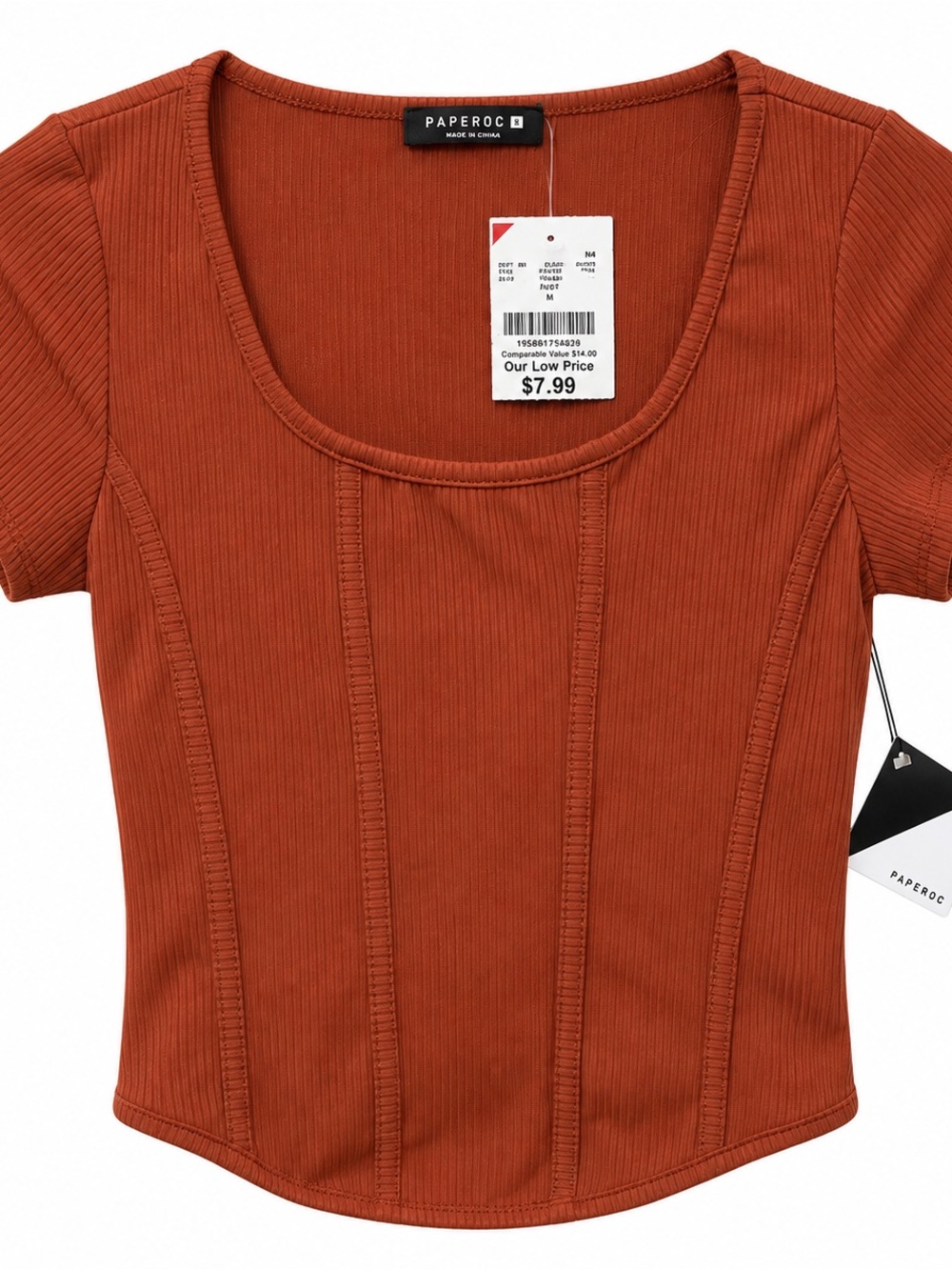 PAPERROC Rust Ribbed Scoop Neck Short Sleeve Tee